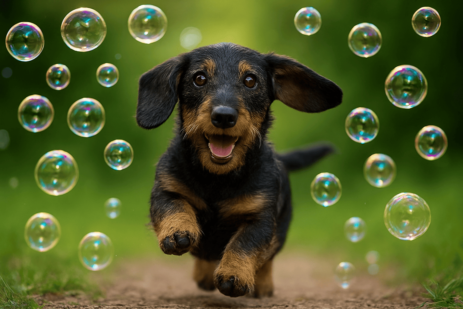 Dackel umgeben von Seifenblasen